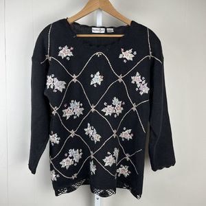 Vintage By Design Floral Crewel Embroidered Black Pullover Sweater Womens Medium